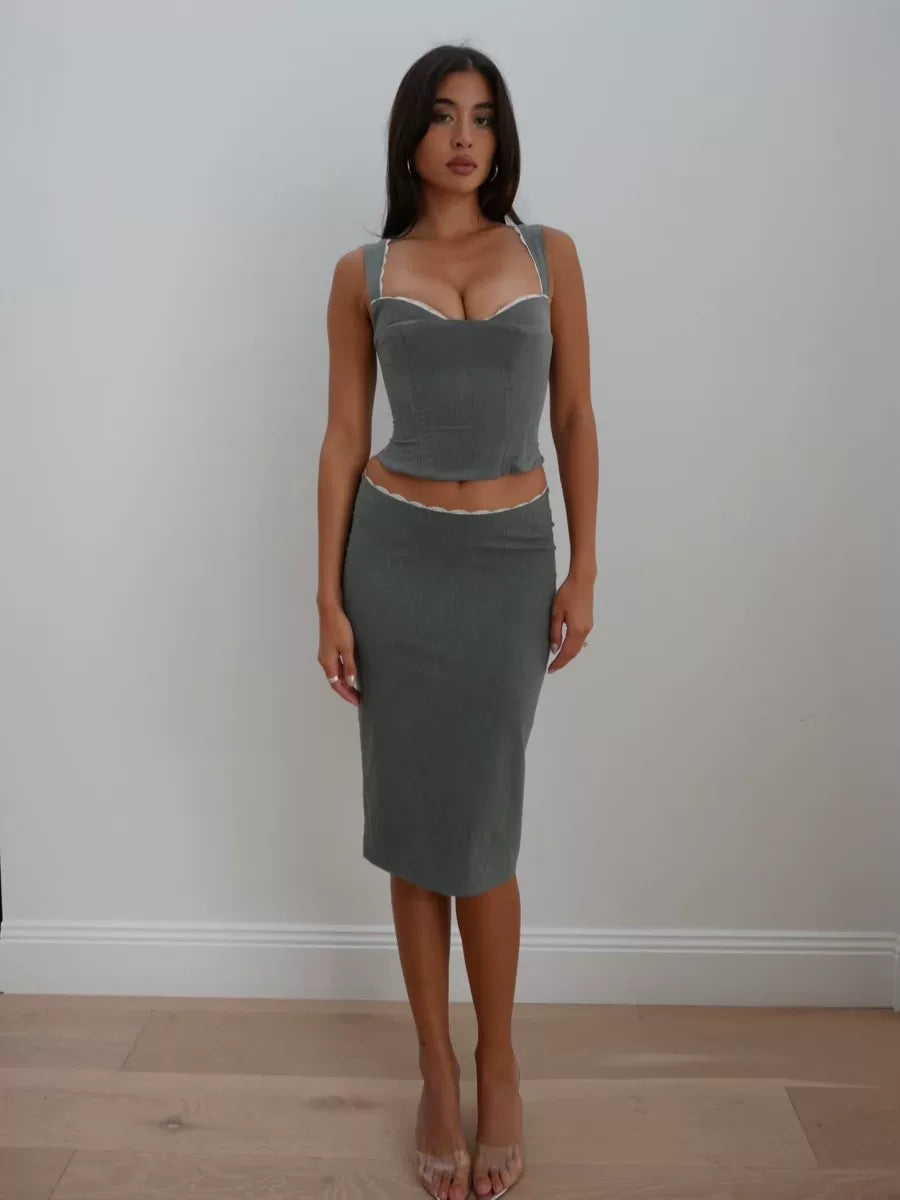 Cxqdy | High-End Thai Queen Lace Suit with Gray Vest Top and High-Waist Slit Skirt