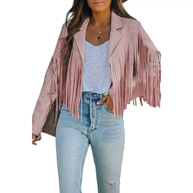 Cxqdy | Women’s Fringe Trim Short Jacket Lapel Collar Long Sleeve Trendy Outerwear