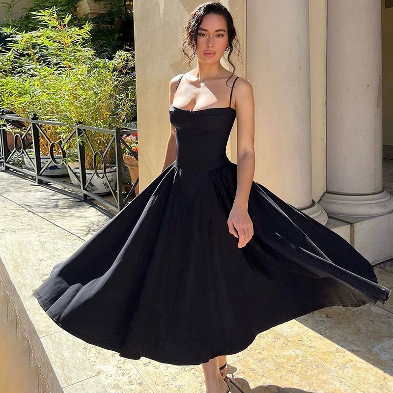 Cxqdy | Women’s French Retro Solid Color Suspender Dress with Slimming Waist