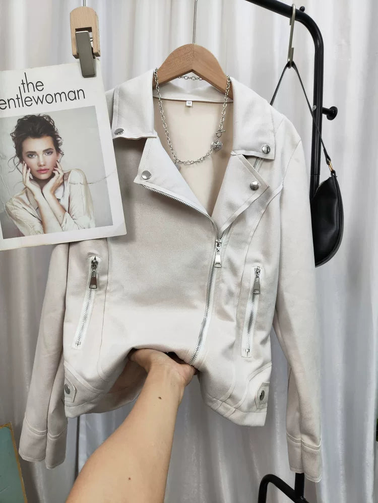 Cxqdy | Women’s Slim-Fit Imitation Deerskin Velvet Motorcycle Jacket with Diagonal Zipper