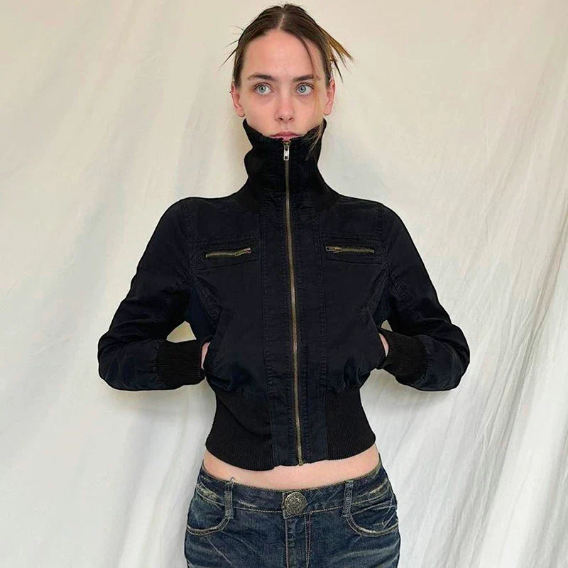 Cxqdy | Women’s High Collar Cyber Warrior Zipper Short Jacket with Elastic Waist