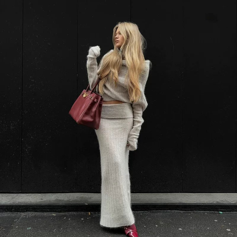 Cxqdy | Women’s Off-Shoulder Knit Sweater and Fishtail Skirt Early Autumn Two-Piece Set