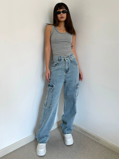 Cxqdy | High-Waisted Loose Work Jeans for Women – Retro Style Slim Straight Trousers with Large Pockets