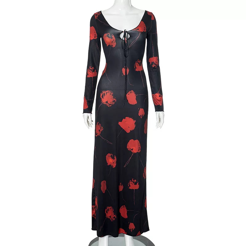 Cxqdy | Women’s Retro Printed Lace-Up Slim-Fit Dress with Hip-Hugging Skirt