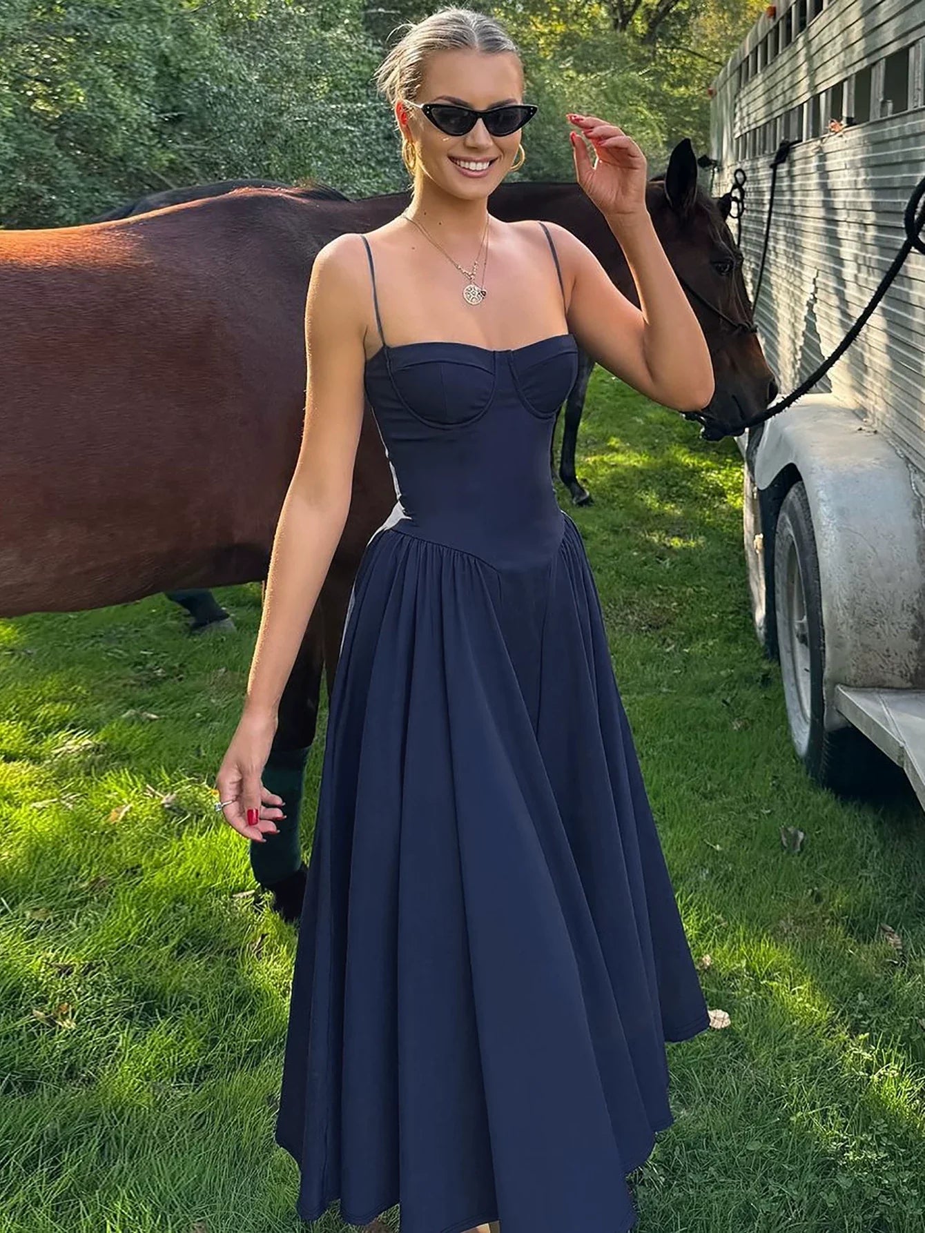 Cxqdy | Women’s French Retro Solid Color Suspender Dress with Slimming Waist