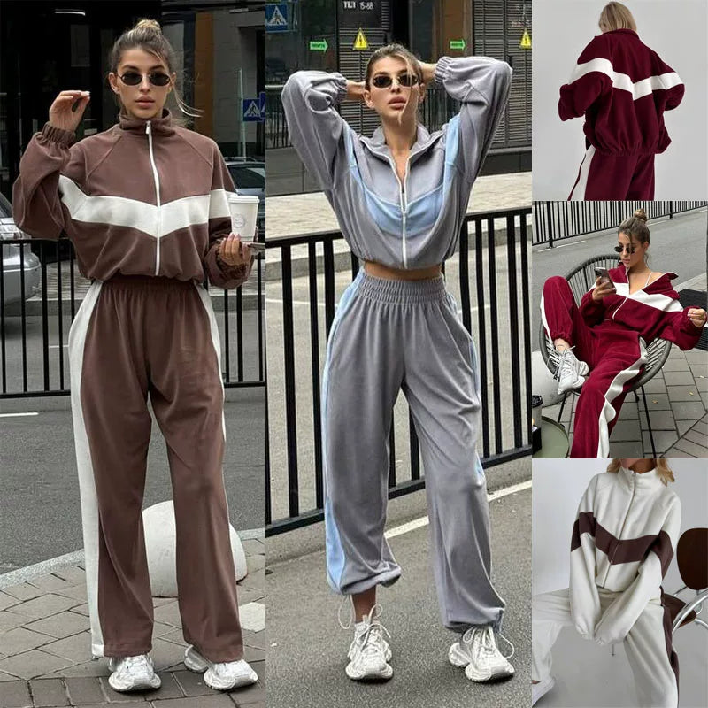 Cxqdy | Women’s Contrast Color Sports Suit with Zip Cardigan and Trousers