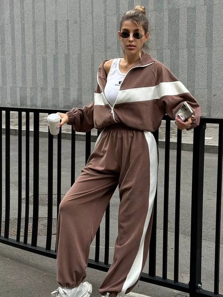 Cxqdy | Women’s Contrast Color Sports Suit with Zip Cardigan and Trousers