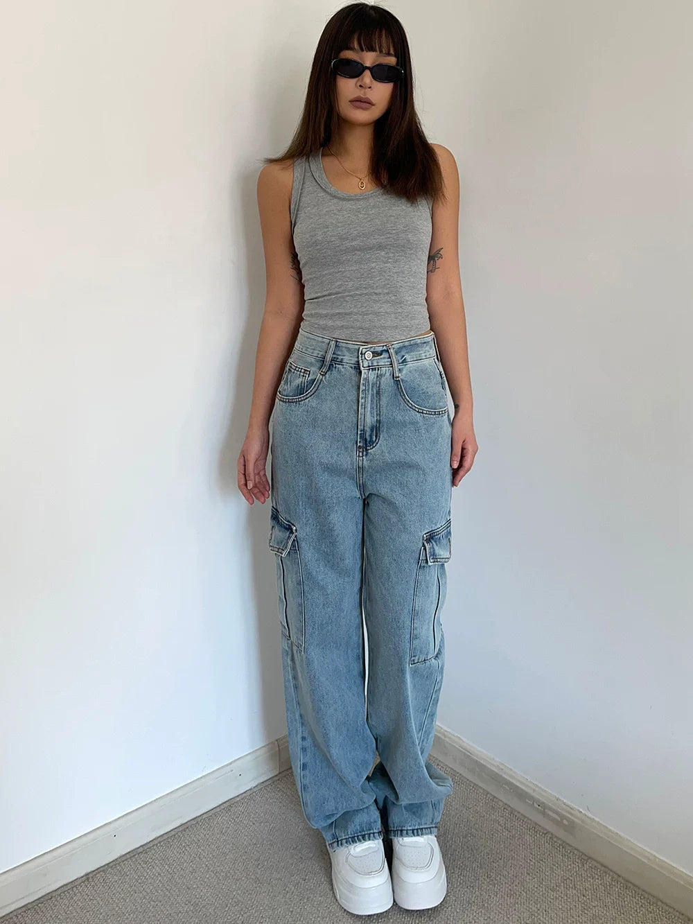 Cxqdy | High-Waisted Loose Work Jeans for Women – Retro Style Slim Straight Trousers with Large Pockets