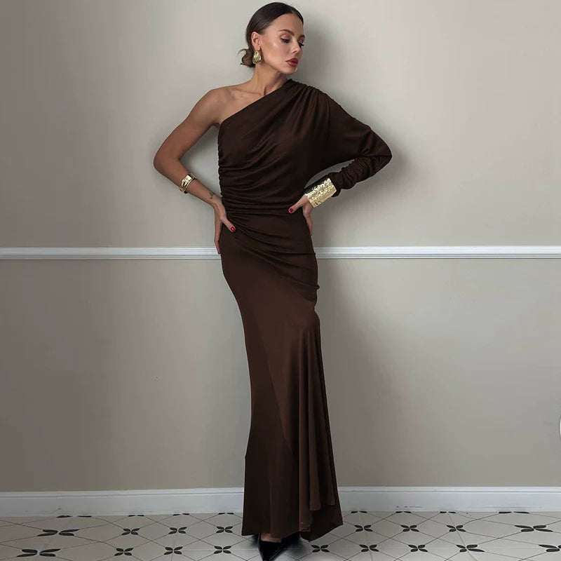 Cxqdy | Women’s One-Shoulder Long-Sleeve Pleated Dress with High-Waist Slim Skirt