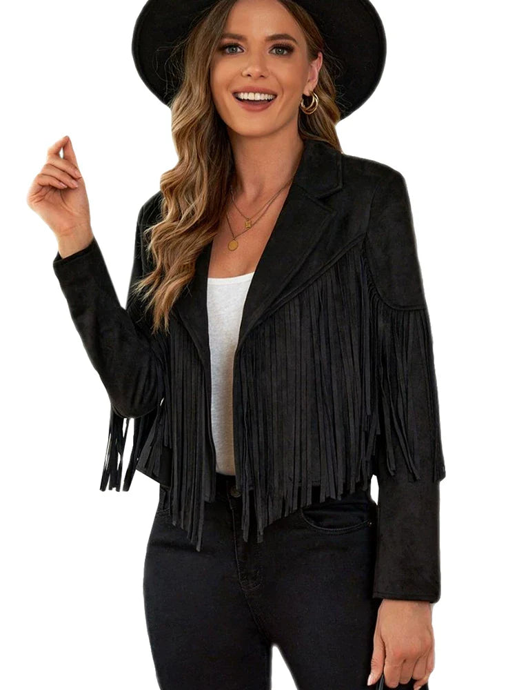 Cxqdy | Women’s Fringe Trim Short Jacket Lapel Collar Long Sleeve Trendy Outerwear