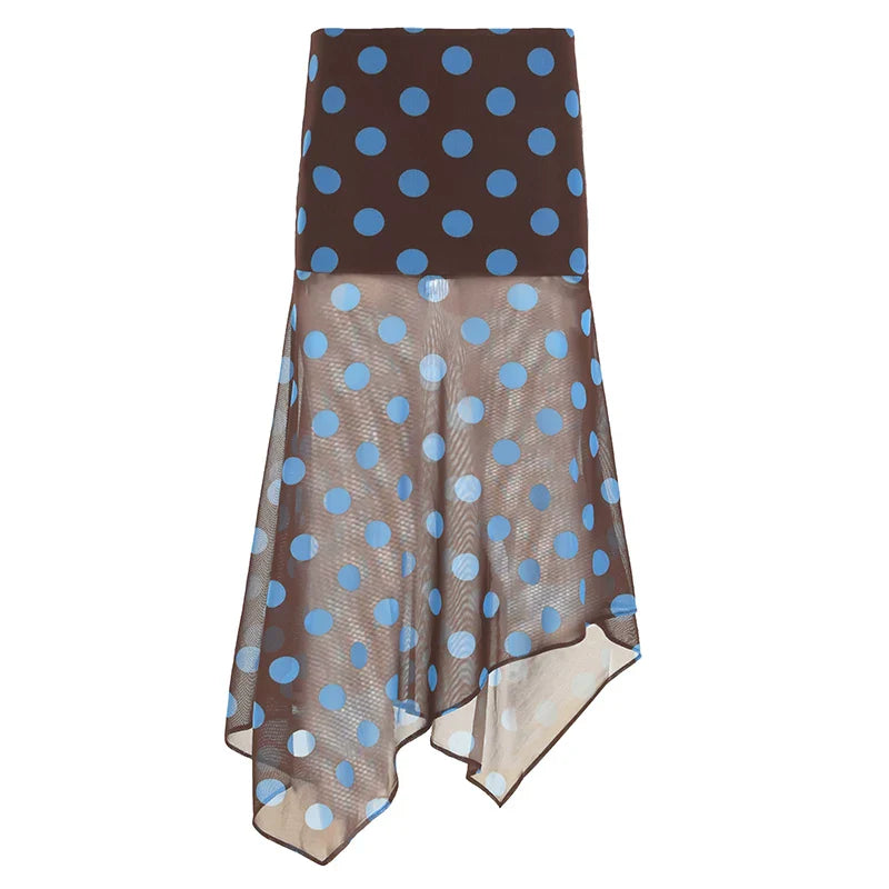 Cxqdy | Women’s American Retro Polka Dot Irregular Mesh Skirt in Blue and Brown