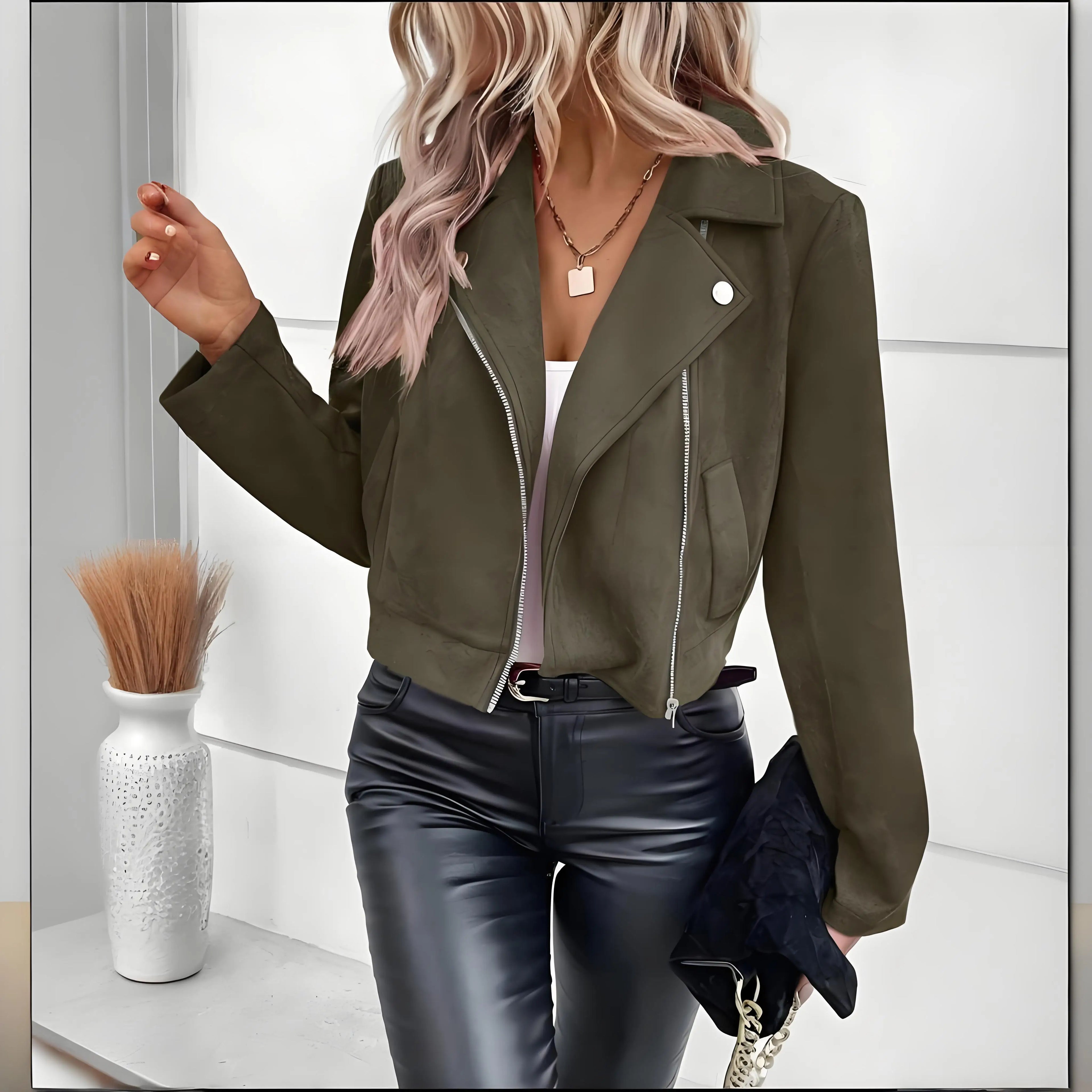 Cxqdy | Women’s Zippered Buckskin Long-Sleeved Short Coat for Spring and Autumn