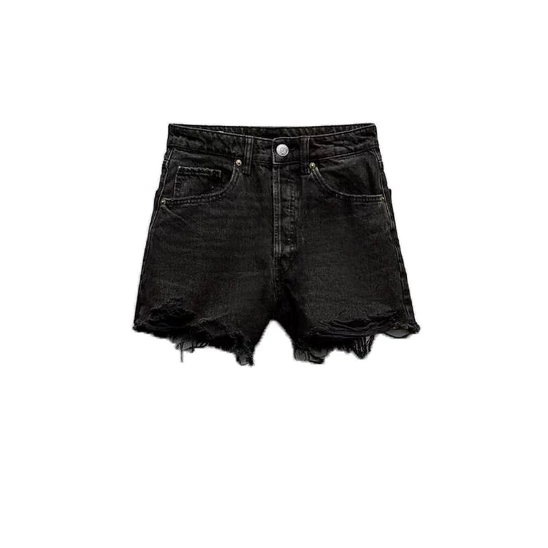 Cxqdy | Trendy High-Waisted Denim Shorts with Raw Edge & Distressed Detailing for Women