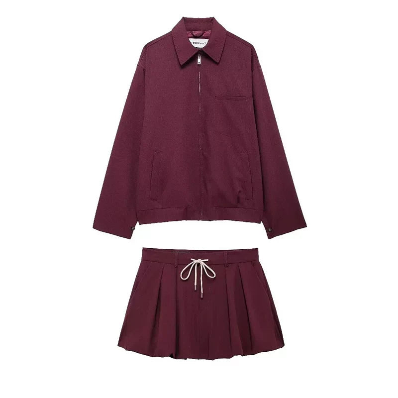 Cxqdy | Women’s Red Zip-Up Cardigan and Mini Skirt Two-Piece Outfit Sweet Chic Style