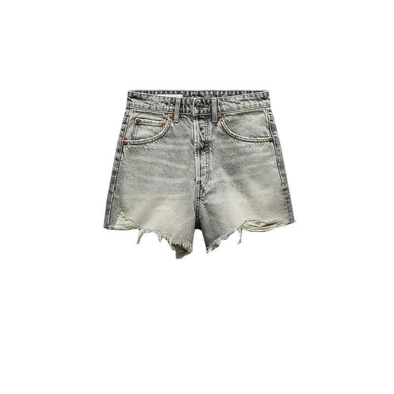 Cxqdy | Trendy High-Waisted Denim Shorts with Raw Edge & Distressed Detailing for Women