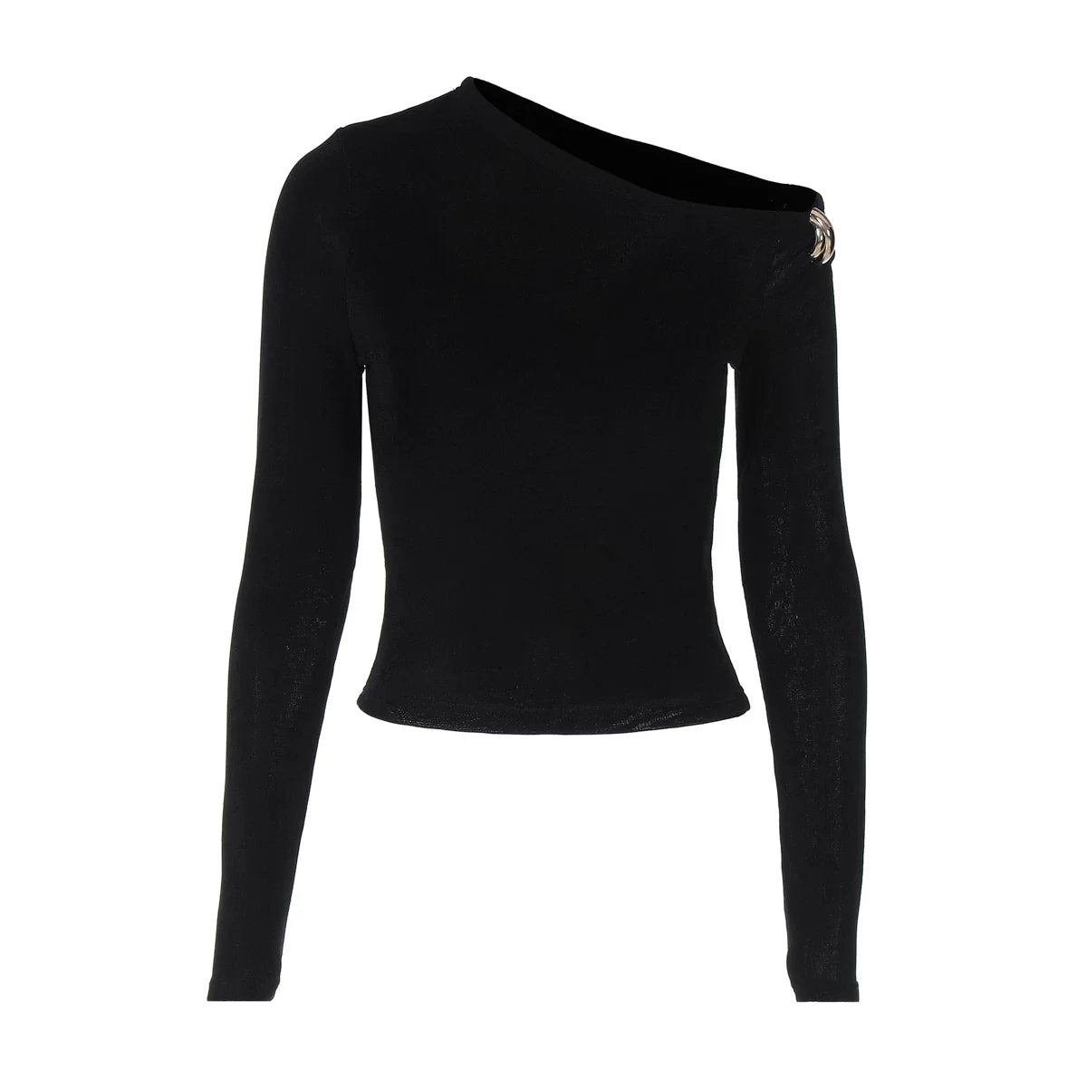 Cxqdy | Women’s Asymmetrical Shoulder Long Sleeve Slim-Fit T-Shirt with Metal Buckle Detail