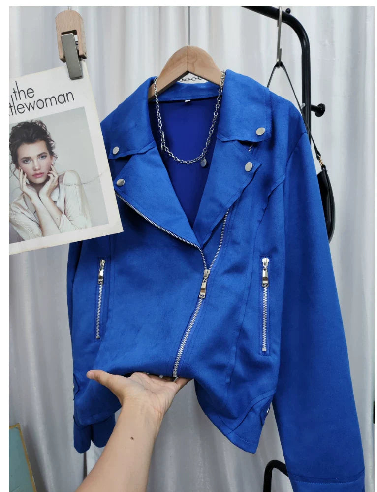 Cxqdy | Women’s Slim-Fit Imitation Deerskin Velvet Motorcycle Jacket with Diagonal Zipper