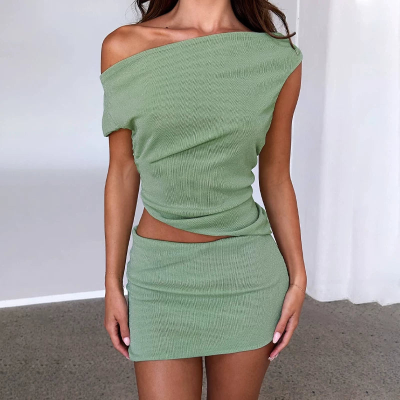 Cxqdy | Women’s Asymmetric Collar Top and High Waist Skirt Elegant Two-Piece Set