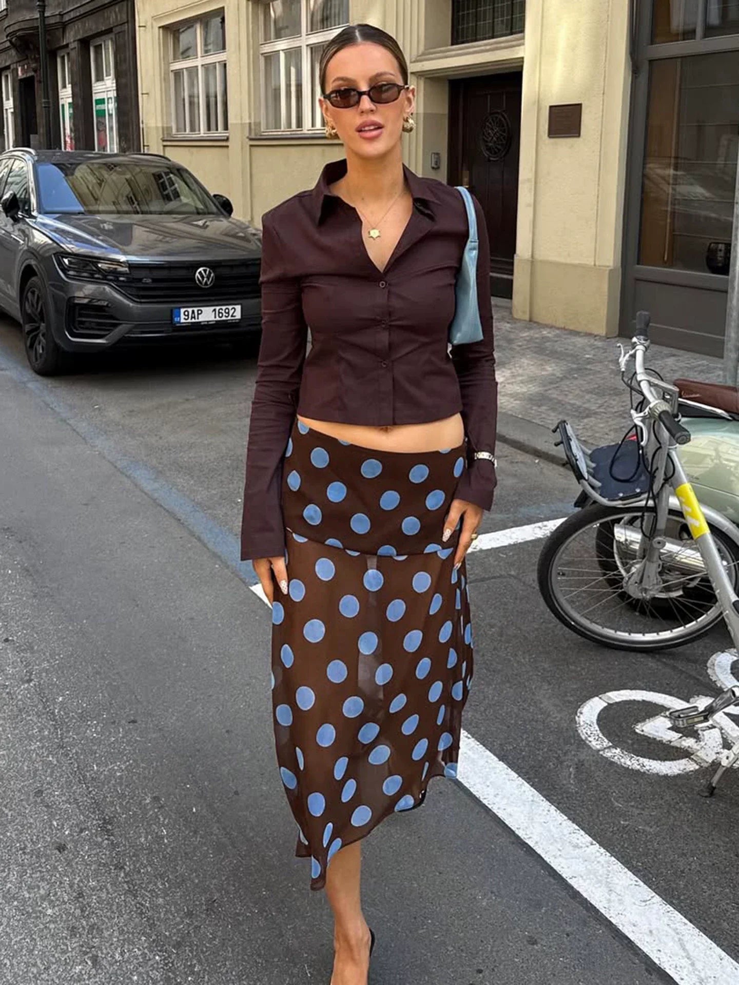 Cxqdy | Women’s American Retro Polka Dot Irregular Mesh Skirt in Blue and Brown