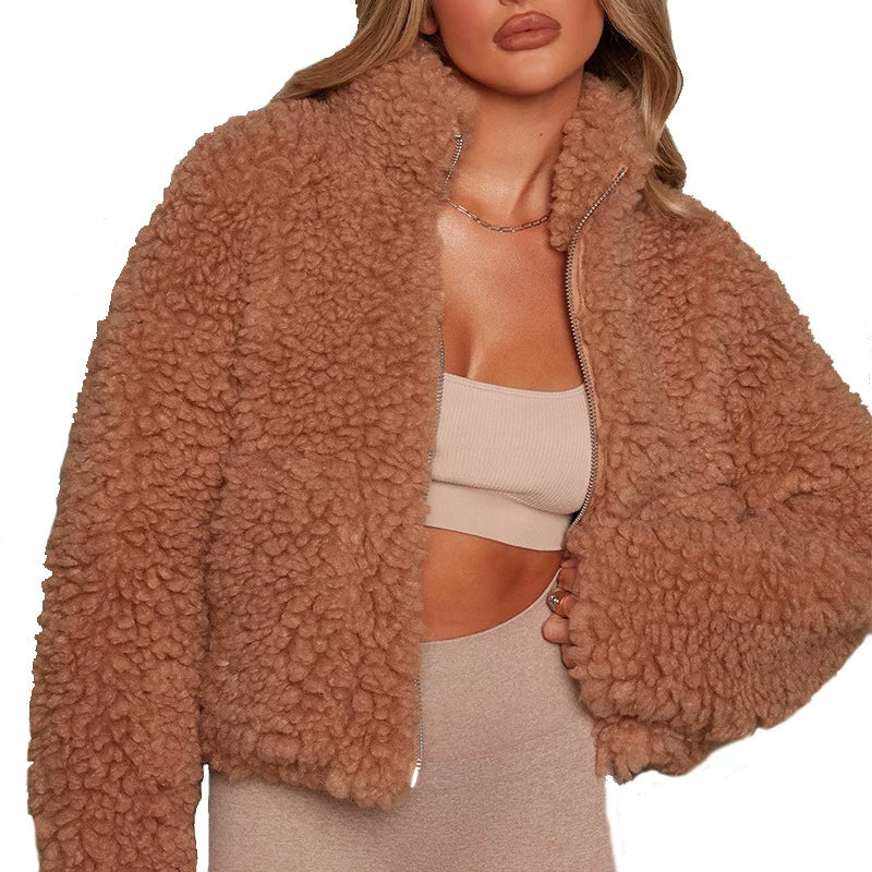 Cxqdy | Women’s Plush Short Cardigan Lamb Coat Jacket