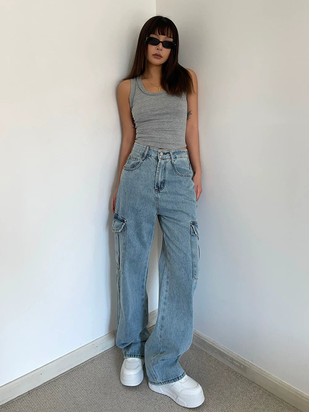 Cxqdy | High-Waisted Loose Work Jeans for Women – Retro Style Slim Straight Trousers with Large Pockets