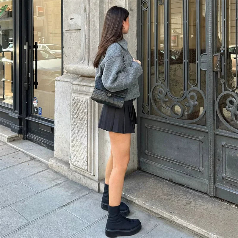 Cxqdy | Women’s Minimalist Wool Blend Short Coat Loose Fit Lapel Outerwear with Pockets