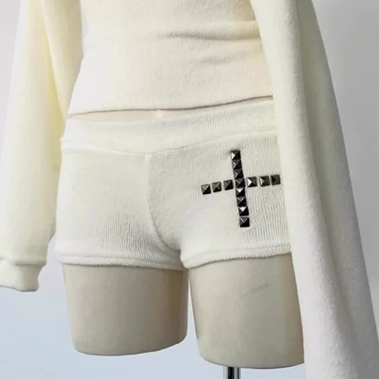 Cxqdy | Women’s One-Shoulder Long Sleeve Cross Detail Top with High-Waist Shorts Set