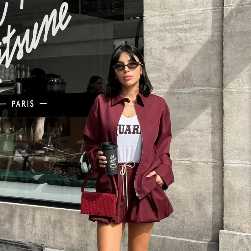 Cxqdy | Women’s Red Zip-Up Cardigan and Mini Skirt Two-Piece Outfit Sweet Chic Style