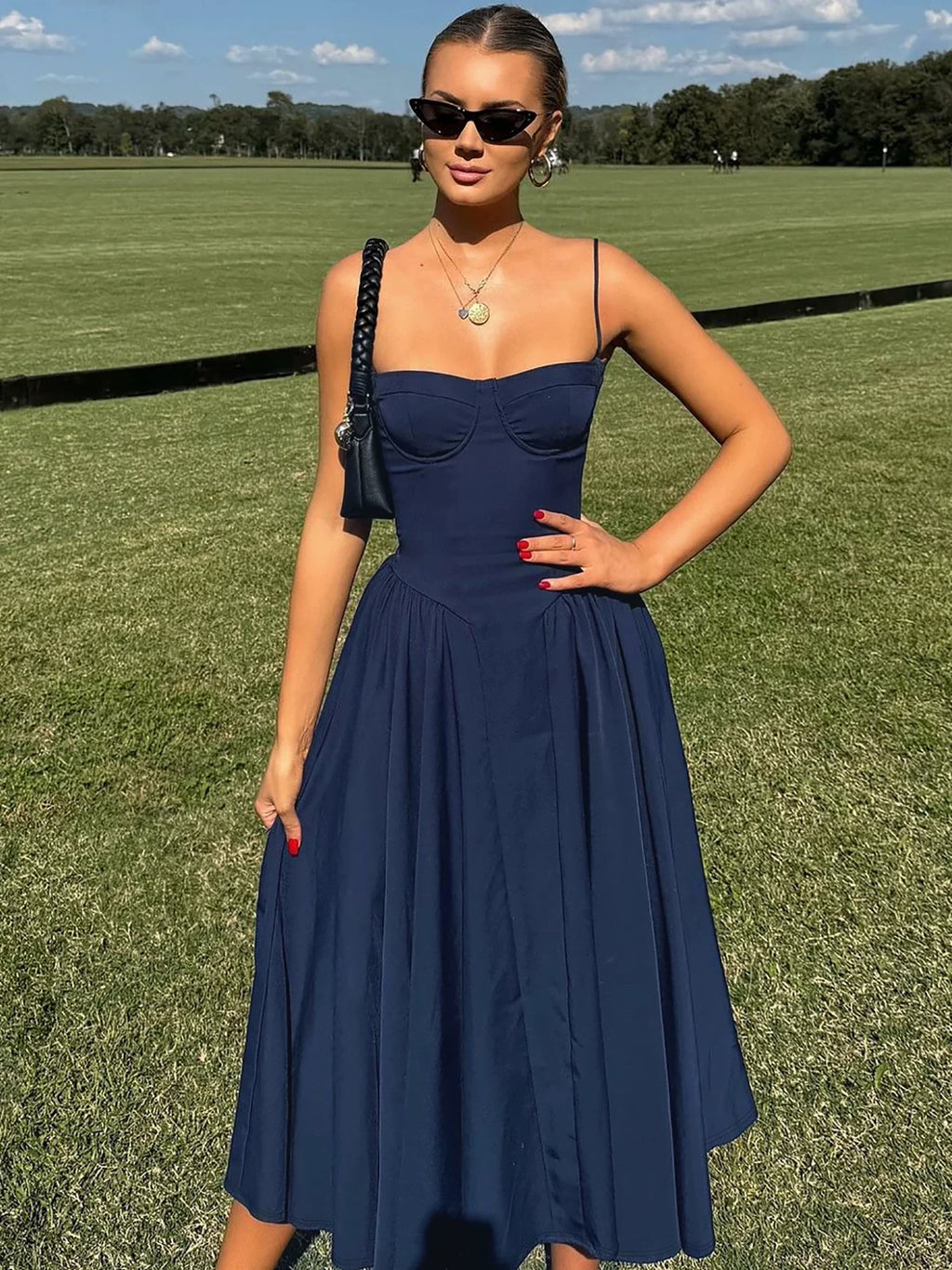 Cxqdy | Women’s French Retro Solid Color Suspender Dress with Slimming Waist