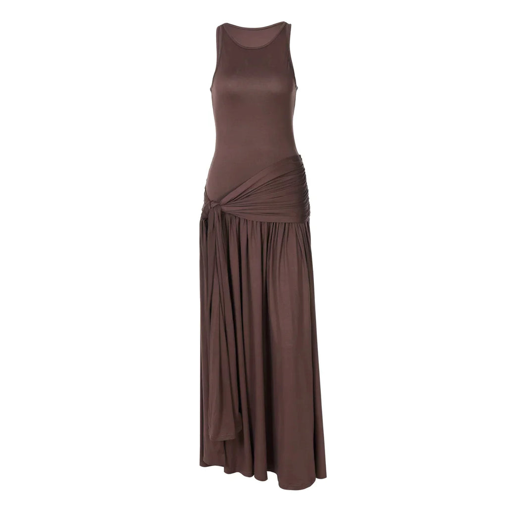 Cxqdy | Women’s Sleeveless Waist-Tie Retro Style Long Dress