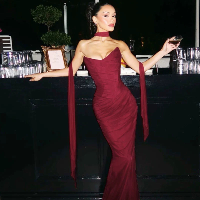 Cxqdy | Women’s Burgundy Tube Top Halter Dress with Mesh Fishtail Skirt