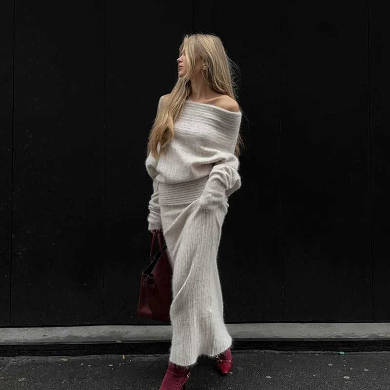 Cxqdy | Women’s Off-Shoulder Knit Sweater and Fishtail Skirt Early Autumn Two-Piece Set