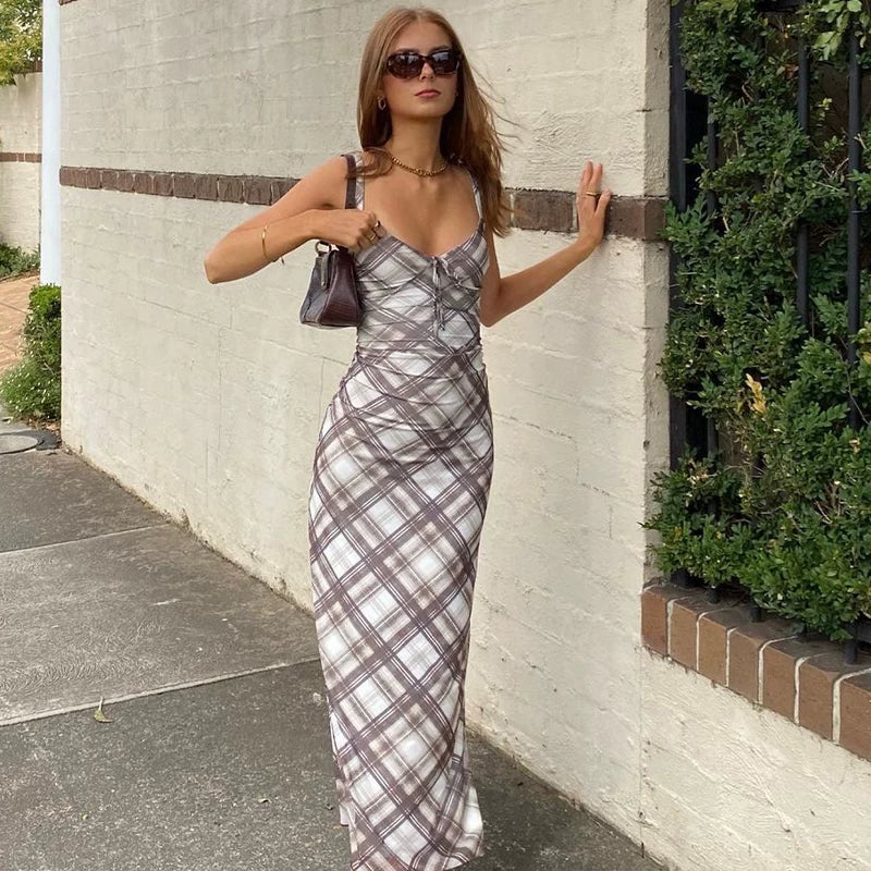 Cxqdy | Women’s Retro Plaid Suspender Dress with High-Waist Slim Fit and Backless Design