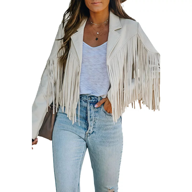 Cxqdy | Women’s Fringe Trim Short Jacket Lapel Collar Long Sleeve Trendy Outerwear