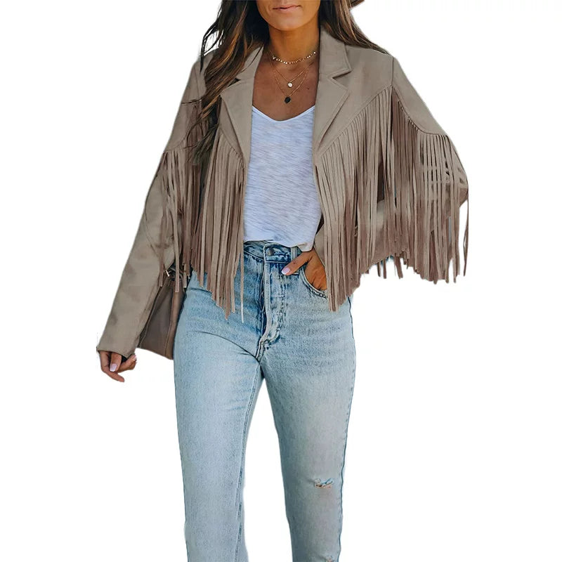 Cxqdy | Women’s Fringe Trim Short Jacket Lapel Collar Long Sleeve Trendy Outerwear