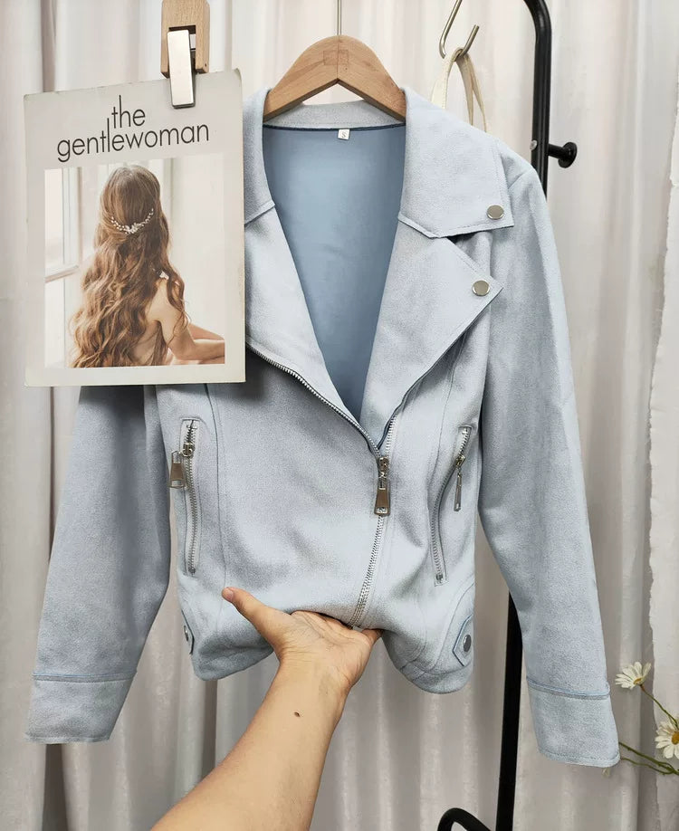 Cxqdy | Women’s Slim-Fit Imitation Deerskin Velvet Motorcycle Jacket with Diagonal Zipper