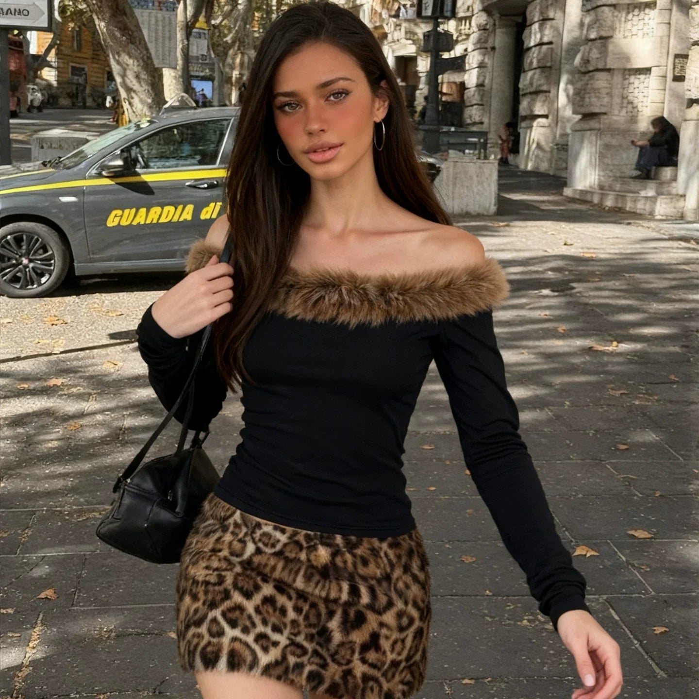 Cxqdy | Women’s One-Shoulder Fur Collar Top and Leopard Print Hip Skirt Two-Piece Set