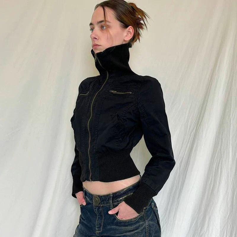 Cxqdy | Women’s High Collar Cyber Warrior Zipper Short Jacket with Elastic Waist