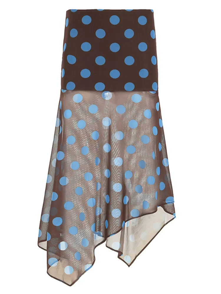 Cxqdy | Women’s American Retro Polka Dot Irregular Mesh Skirt in Blue and Brown