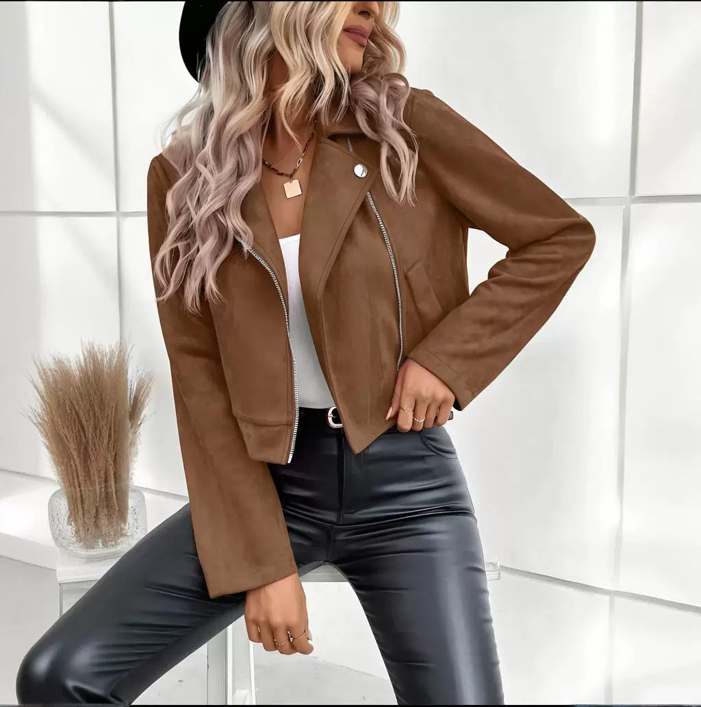 Cxqdy | Women’s Zippered Buckskin Long-Sleeved Short Coat for Spring and Autumn