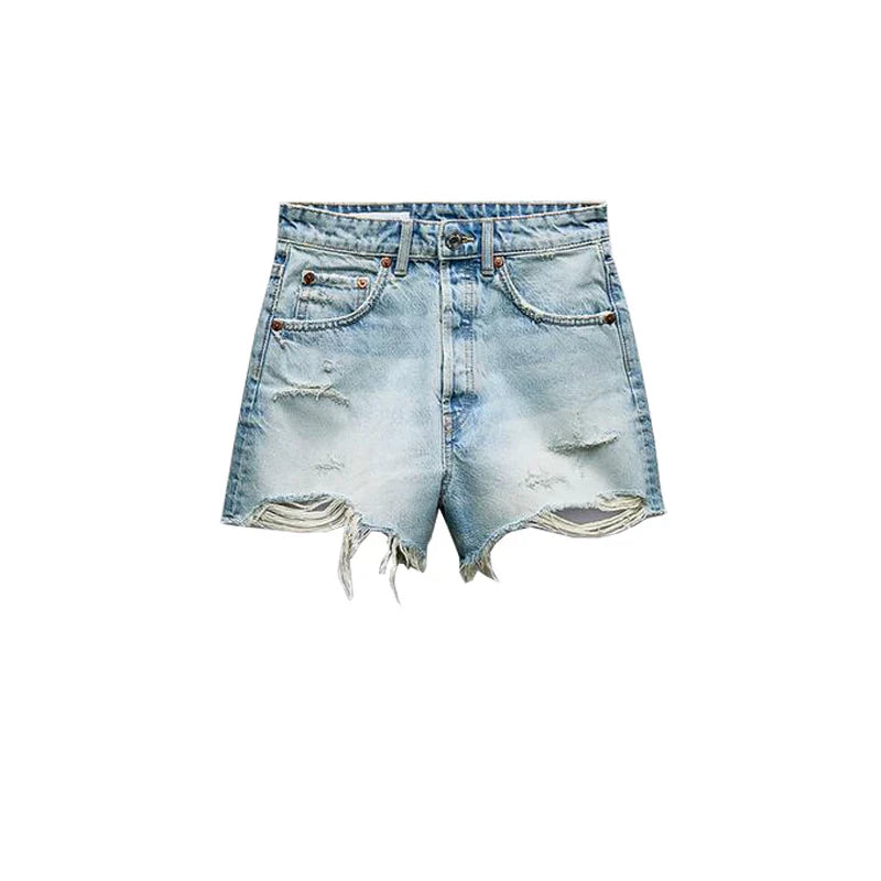 Cxqdy | Trendy High-Waisted Denim Shorts with Raw Edge & Distressed Detailing for Women