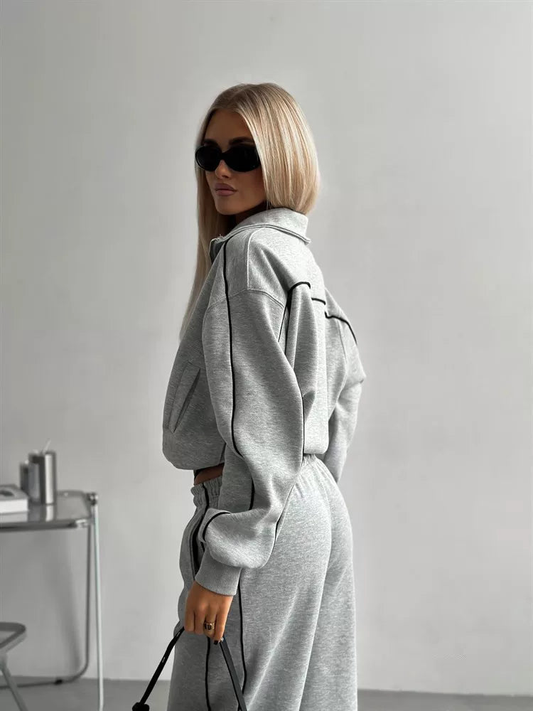 Cxqdy | Casual Zip-Up Cardigan Jacket and Lace Trousers Two-Piece Set