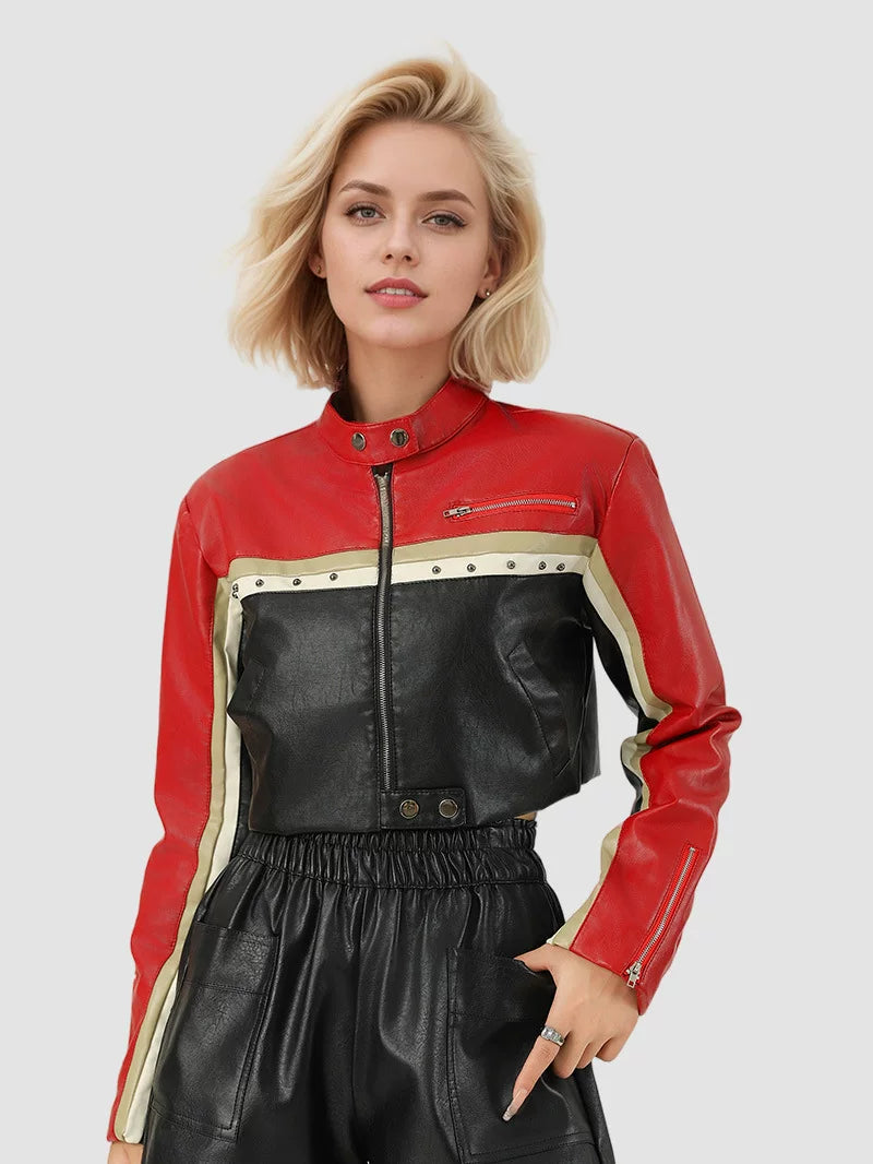 Cxqdy | Women’s Contrasting Color PU Leather Motorcycle Jacket with Waistless Design