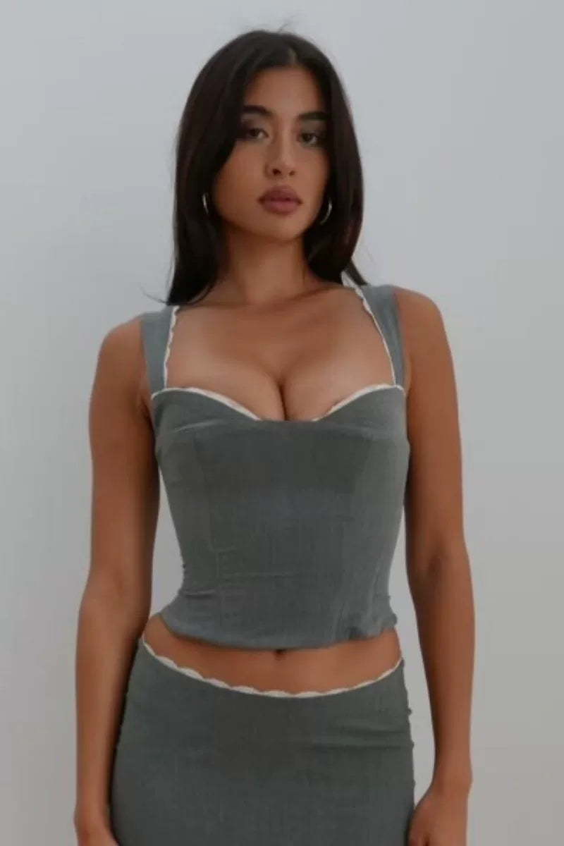 Cxqdy | High-End Thai Queen Lace Suit with Gray Vest Top and High-Waist Slit Skirt