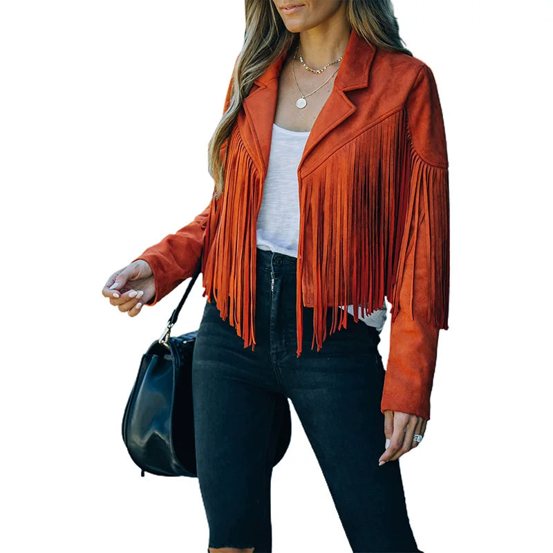 Cxqdy | Women’s Fringe Trim Short Jacket Lapel Collar Long Sleeve Trendy Outerwear