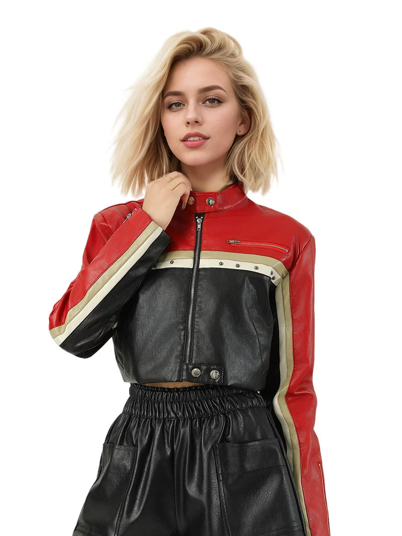 Cxqdy | Women’s Contrasting Color PU Leather Motorcycle Jacket with Waistless Design