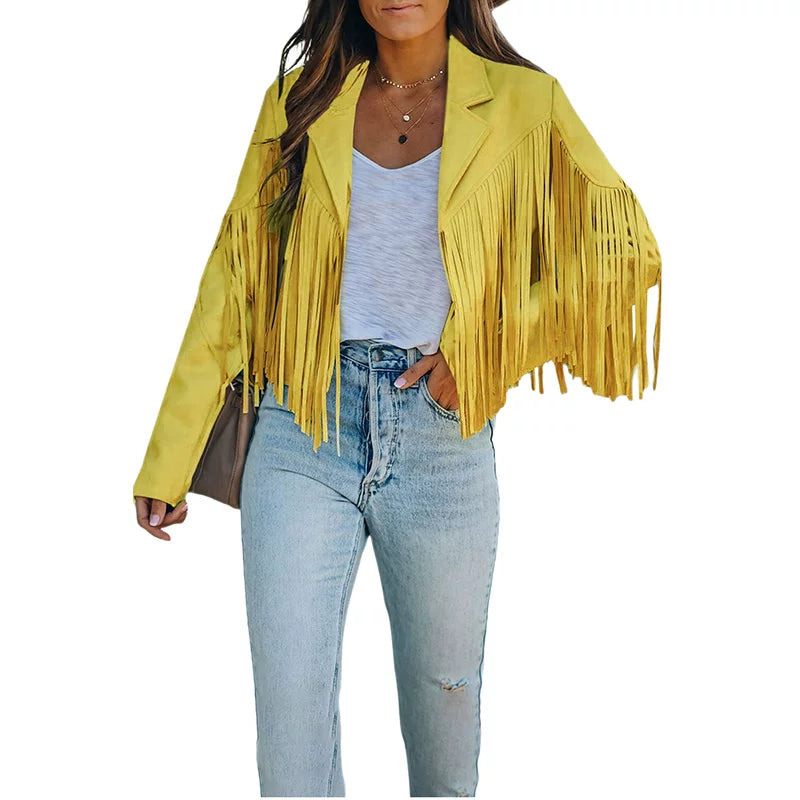 Cxqdy | Women’s Fringe Trim Short Jacket Lapel Collar Long Sleeve Trendy Outerwear