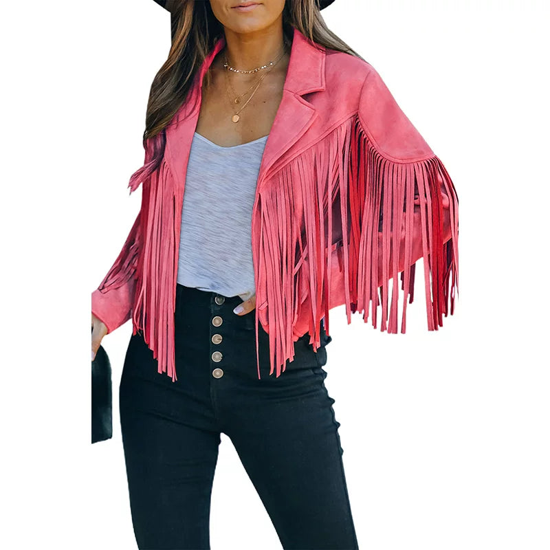 Cxqdy | Women’s Fringe Trim Short Jacket Lapel Collar Long Sleeve Trendy Outerwear