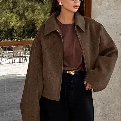 Cxqdy | Women’s Lapel Long Sleeve Zipper Woolen Jacket for Autumn and Winter