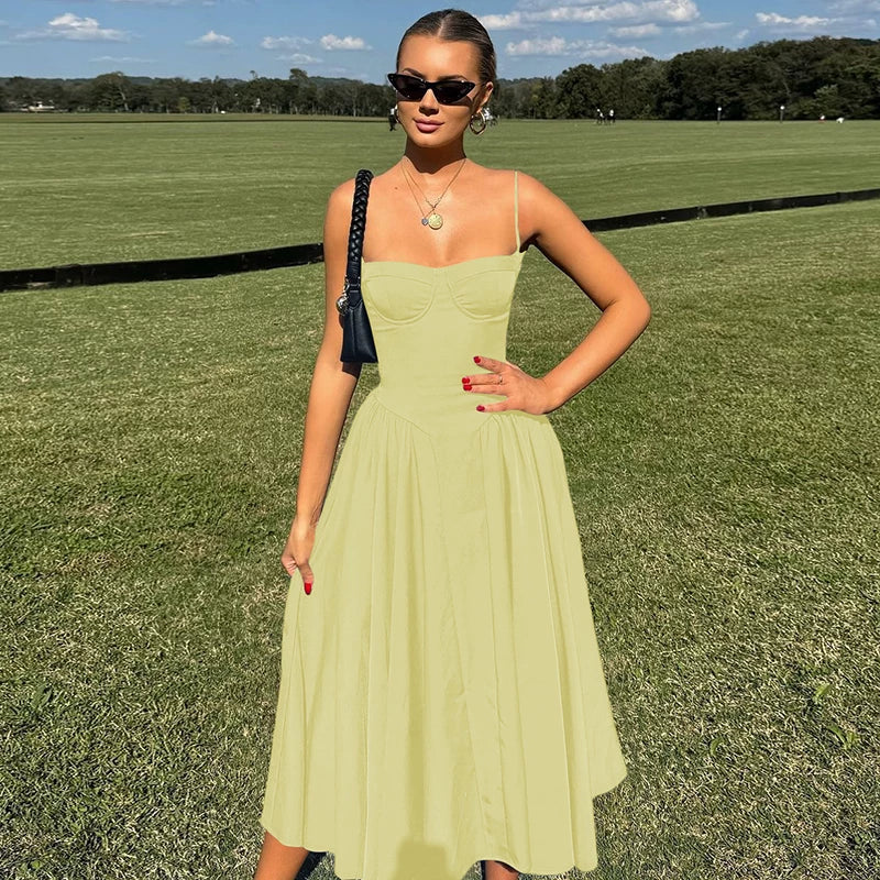 Cxqdy | Women’s French Retro Solid Color Suspender Dress with Slimming Waist